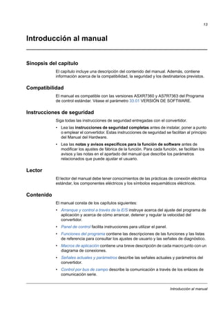 Introducción al manual
13
Introducción al manual
Sinopsis del capítulo
El capítulo incluye una descripción del contenido del manual. Además, contiene
información acerca de la compatibilidad, la seguridad y los destinatarios previstos.
Compatibilidad
El manual es compatible con las versiones ASXR7360 y AS7R7363 del Programa
de control estándar. Véase el parámetro 33.01 VERSIÓN DE SOFTWARE.
Instrucciones de seguridad
Siga todas las instrucciones de seguridad entregadas con el convertidor.
• Lea las instrucciones de seguridad completas antes de instalar, poner a punto
o emplear el convertidor. Estas instrucciones de seguridad se facilitan al principio
del Manual del Hardware.
• Lea las notas y avisos específicos para la función de software antes de
modificar los ajustes de fábrica de la función. Para cada función, se facilitan los
avisos y las notas en el apartado del manual que describe los parámetros
relacionados que puede ajustar el usuario.
Lector
El lector del manual debe tener conocimientos de las prácticas de conexión eléctrica
estándar, los componentes eléctricos y los símbolos esquemáticos eléctricos.
Contenido
El manual consta de los capítulos siguientes:
• Arranque y control a través de la E/S instruye acerca del ajuste del programa de
aplicación y acerca de cómo arrancar, detener y regular la velocidad del
convertidor.
• Panel de control facilita instrucciones para utilizar el panel.
• Funciones del programa contiene las descripciones de las funciones y las listas
de referencia para consultar los ajustes de usuario y las señales de diagnóstico.
• Macros de aplicación contiene una breve descripción de cada macro junto con un
diagrama de conexiones.
• Señales actuales y parámetros describe las señales actuales y parámetros del
convertidor.
• Control por bus de campo describe la comunicación a través de los enlaces de
comunicación serie.
 
