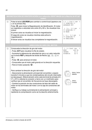 Arranque y control a través de la E/S
20
MAGNETIZACIÓN DE IDENTIFICACIÓN (con selección IDENT MAGN de la Marcha de ID del
motor)
Pulse la tecla LOC/REM para cambiar a control local (aparece una
L en la primera fila).
Pulse para iniciar la Magnetización de Identificación. El motor
se magnetiza a velocidad cero entre 20 y 60 s. Se visualizan tres
avisos:
El primer aviso se visualiza al iniciar la magnetización.
El segundo aviso se visualiza mientras está activa la
magnetización.
El tercer aviso se visualiza tras completarse la magnetización.
1 L -> 1242.0 rpm I
** ATENCIÓN **
ARRANQUE MOT
1 L-> 0.0 rpm I
** ATENCIÓN **
ID MAGN
1 L-> 0.0 rpm O
** ATENCIÓN **
ID REALIZADA
DIRECCIÓN DE GIRO DEL MOTOR
Compruebe la dirección de giro del motor.
- Pulse ACT para visualizar la fila de estado.
- Aumente la referencia de velocidad de cero a un valor reducido
con la tecla REF y después las teclas de flecha ( , , o
).
- Pulse para arrancar el motor.
- Compruebe que el motor esté girando en la dirección requerida.
- Pare el motor pulsando .
1 L->[xxx] rpm I
FREC xxx Hz
INTENS xx A
POTENCIA xx %
Para cambiar la dirección de giro del motor:
- Desconecte la alimentación principal del convertidor y espere
durante 5 minutos a que los condensadores del circuito intermedio
se descarguen. Mida la tensión entre cada terminal de entrada (U1,
V1 y W1) y efectúe la conexión a tierra con un multímetro para
verificar que el convertidor de frecuencia se haya descargado.
- Cambie la posición de dos conductores de fase del cable de
motor en los terminales del motor o en la caja de conexiones del
motor.
- Verifique su trabajo suministrando la alimentación principal y
repitiendo la comprobación como se ha descrito anteriormente.
direcc. hacia
delante
direcc.
inversa
 