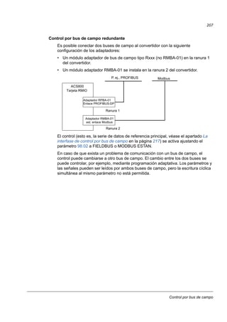 Control por bus de campo
207
Control por bus de campo redundante
Es posible conectar dos buses de campo al convertidor con la siguiente
configuración de los adaptadores:
• Un módulo adaptador de bus de campo tipo Rxxx (no RMBA-01) en la ranura 1
del convertidor.
• Un módulo adaptador RMBA-01 se instala en la ranura 2 del convertidor.
El control (esto es, la serie de datos de referencia principal, véase el apartado La
interfase de control por bus de campo en la página 217) se activa ajustando el
parámetro 98.02 a FIELDBUS o MODBUS ESTAN.
En caso de que exista un problema de comunicación con un bus de campo, el
control puede cambiarse a otro bus de campo. El cambio entre los dos buses se
puede controlar, por ejemplo, mediante programación adaptativa. Los parámetros y
las señales pueden ser leídos por ambos buses de campo, pero la escritura cíclica
simultánea al mismo parámetro no está permitida.
Ranura 2
ACS800
Tarjeta RMIO
Adaptador RMBA-01
est. enlace Modbus
Adaptador RPBA-01
Enlace PROFIBUS-DP
Ranura 1
P. ej., PROFIBUS Modbus
 