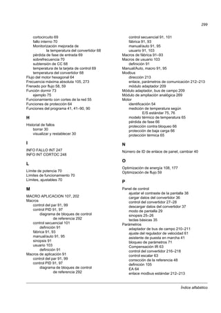 Índice alfabético
299
cortocircuito 69
fallo interno 70
Monitorización mejorada de
la temperatura del convertidor 68
pérdida de fase de entrada 69
sobrefrecuencia 70
subtensión de CC 68
temperatura de la tarjeta de control 69
temperatura del convertidor 68
Flujo del motor hexagonal 64
Frecuencia máxima absoluta 105, 273
Frenado por flujo 58, 59
Función dormir 73
ejemplo 75
Funcionamiento con cortes de la red 55
Funciones de protección 64
Funciones del programa 41, 41–90, 90
H
Historial de fallos
borrar 30
visualizar y restablecer 30
I
INFO FALLO INT 247
INFO INT CORTOC 248
L
Límite de potencia 70
Límites de funcionamiento 70
Límites, ajustables 70
M
MACRO APLICACION 107, 202
Macros
control del par 91, 99
control PID 91, 97
diagrama de bloques de control
de referencia 292
control secuencial 101
definición 91
fábrica 91, 93
manual/auto 91, 95
sinopsis 91
usuario 103
definición 91
Macros de aplicación 91
control del par 91, 99
control PID 91, 97
diagrama de bloques de control
de referencia 292
control secuencial 91, 101
fábrica 91, 93
manual/auto 91, 95
usuario 91, 103
Macros de fábrica 91–93
Macros de usuario 103
definición 91
Manual/Auto, macro 91, 95
Modbus
dirección 213
enlace, parámetros de comunicación 212–213
módulo adaptador 209
Módulo adaptador, bus de campo 209
Módulo de ampliación analógica 269
Motor
identificación 54
medición de temperatura según
E/S estándar 75, 76
modelo térmico de temperatura 65
pérdida de fase 66
protección contra bloqueo 66
protección de baja carga 66
protección térmica 65
N
Número de ID de enlace de panel, cambiar 40
O
Optimización de energía 108, 177
Optimización de flujo 59
P
Panel de control
ajustar el contraste de la pantalla 38
cargar datos del convertidor 36
control del convertidor 27–28
descargar datos del convertidor 37
modo de pantalla 29
sinopsis 25–26
teclas básicas 35
Parámetros
adaptador de bus de campo 210–211
ajuste del regulador de velocidad 61
asistente de puesta en marcha 41
bloqueo de parámetros 71
Compensación IR 63
control del convertidor 216–218
control escalar 63
corrección de la referencia 48
definición 105
EA 64
enlace modbus estándar 212–213
 