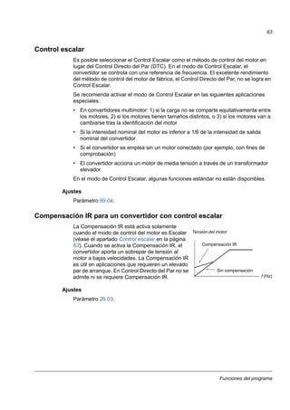 Funciones del programa
63
Control escalar
Es posible seleccionar el Control Escalar como el método de control del motor en
lugar del Control Directo del Par (DTC). En el modo de Control Escalar, el
convertidor se controla con una referencia de frecuencia. El excelente rendimiento
del método de control del motor de fábrica, el Control Directo del Par, no se logra en
Control Escalar.
Se recomienda activar el modo de Control Escalar en las siguientes aplicaciones
especiales:
• En convertidores multimotor: 1) si la carga no se comparte equitativamente entre
los motores, 2) si los motores tienen tamaños distintos, o 3) si los motores van a
cambiarse tras la identificación del motor
• Si la intensidad nominal del motor es inferior a 1/6 de la intensidad de salida
nominal del convertidor
• Si el convertidor se emplea sin un motor conectado (por ejemplo, con fines de
comprobación)
• El convertidor acciona un motor de media tensión a través de un transformador
elevador.
En el modo de Control Escalar, algunas funciones estándar no están disponibles.
Ajustes
Parámetro 99.04.
Compensación IR para un convertidor con control escalar
La Compensación IR está activa solamente
cuando el modo de control del motor es Escalar
(véase el apartado Control escalar en la página
63). Cuando se activa la Compensación IR, el
convertidor aporta un sobrepar de tensión al
motor a bajas velocidades. La Compensación IR
es útil en aplicaciones que requieren un elevado
par de arranque. En Control Directo del Par no se
admite ni se requiere Compensación IR.
Ajustes
Parámetro 26.03.
f (Hz)
Tensión del motor
Sin compensación
Compensación IR
 
