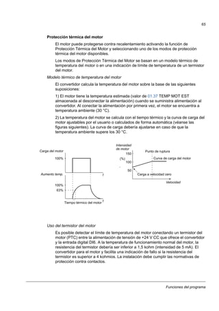 Funciones del programa
65
Protección térmica del motor
El motor puede protegerse contra recalentamiento activando la función de
Protección Térmica del Motor y seleccionando uno de los modos de protección
térmica del motor disponibles.
Los modos de Protección Térmica del Motor se basan en un modelo térmico de
temperatura del motor o en una indicación de límite de temperatura de un termistor
del motor.
Modelo térmico de temperatura del motor
El convertidor calcula la temperatura del motor sobre la base de las siguientes
suposiciones:
1) El motor tiene la temperatura estimada (valor de 01.37 TEMP MOT EST
almacenada al desconectar la alimentación) cuando se suministra alimentación al
convertidor. Al conectar la alimentación por primera vez, el motor se encuentra a
temperatura ambiente (30 °C).
2) La temperatura del motor se calcula con el tiempo térmico y la curva de carga del
motor ajustables por el usuario o calculados de forma automática (véanse las
figuras siguientes). La curva de carga debería ajustarse en caso de que la
temperatura ambiente supere los 30 °C.
Uso del termistor del motor
Es posible detectar el límite de temperatura del motor conectando un termistor del
motor (PTC) entre la alimentación de tensión de +24 V CC que ofrece el convertidor
y la entrada digital DI6. A la temperatura de funcionamiento normal del motor, la
resistencia del termistor debería ser inferior a 1,5 kohm (intensidad de 5 mA). El
convertidor para el motor y facilita una indicación de fallo si la resistencia del
termistor es superior a 4 kohmios. La instalación debe cumplir las normativas de
protección contra contactos.
Carga del motor
100%
Aumento temp.
63%
Tiempo térmico del motor
t
t
100%
50
100
150
Carga a velocidad cero
Curva de carga del motor
Punto de ruptura
Intensidad
Velocidad
(%)
de motor
 
