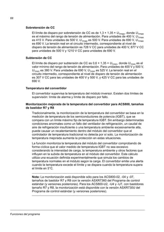 Funciones del programa
68
Sobretensión de CC
El límite de disparo por sobretensión de CC es de 1,3 × 1,35 × U1max, donde U1max
es el máximo del rango de tensión de alimentación. Para unidades de 400 V, U1max
es 415 V. Para unidades de 500 V, U1max es 500 V. Para unidades de 690 V, U1max
es 690 V. La tensión real en el circuito intermedio, correspondiente al nivel de
disparo de tensión de alimentación es 728 V CC para unidades de 400 V, 877 V CC
para unidades de 500 V y 1210 V CC para unidades de 690 V.
Subtensión de CC
El límite de disparo por subtensión de CC es 0,6 × 1,35 × U1min, donde U1min es el
valor mínimo del rango de tensión de alimentación. Para unidades de 400 V y 500 V,
U1min es 380 V. Para unidades de 690 V, U1min es 525 V. La tensión real en el
circuito intermedio, correspondiente al nivel de disparo de tensión de alimentación
es 307 V CC para las unidades de 400 V y 500 V, y 425 V CC para las unidades de
690 V.
Temperatura del convertidor
El convertidor supervisa la temperatura del módulo inversor. Existen dos límites de
supervisión: límite de alarma y límite de disparo por fallo.
Monitorización mejorada de la temperatura del convertidor para ACS800, tamaños
de bastidor R7 y R8
Tradicionalmente, la monitorización de la temperatura del convertidor se basa en la
medición de temperatura de los semiconductores de potencia (IGBT), que se
compara con un límite máximo fijo de temperatura IGBT. Sin embargo determinadas
condiciones anormales como un fallo del ventilador de refrigeración, un caudal de
aire de refrigeración insuficiente o una temperatura ambiente excesivamente alta,
puede causar un recalentamiento dentro del módulo del convertidor que el
controlador de temperatura tradicional no detecta por sí solo. La monitorización de
temperatura mejorada aumenta la protección en estas situaciones.
La función monitoriza la temperatura del módulo del convertidor comprobando de
forma cíclica que el valor medido de temperatura IGBT no sea excesivo
considerando la intensidad de carga, la temperatura ambiente y otros factores que
influyen en la subida de temperatura en el módulo del convertidor. Este cálculo
utiliza una ecuación definida experimentalmente que simula los cambios de
temperatura normales en el módulo según la carga. El convertidor emite una alerta
cuando la temperatura excede el límite y se dispara cuando la temperatura supera
el límite en 5°C.
Nota: La monitorización está disponible sólo para los ACS800-02, -04 y -07,
tamaños de bastidor R7 y R8 con la versión ASXR7360 del Programa de control
estándar (y versiones posteriores). Para los ACS800-U2, -U4 y -U7, con bastidores
tamaño R7 y R8, la monitorización está disponible con la versión ASXR730U del
Programa de control estándar (y versiones posteriores).
 