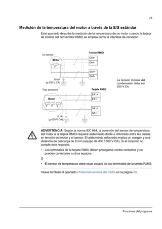 Funciones del programa
75
Medición de la temperatura del motor a través de la E/S estándar
Este apartado describe la medición de la temperatura de un motor cuando la tarjeta
de control del convertidor RMIO se emplea como la interfase de conexión.
ADVERTENCIA: Según la norma IEC 664, la conexión del sensor de temperatura
del motor a la tarjeta RMIO requiere aislamiento doble o reforzado entre las piezas
en tensión del motor y el sensor. El aislamiento reforzado implica un margen y una
distancia de descarga de 8 mm (equipo de 400 / 500 V CA). Si el conjunto no
cumple este requisito:
• Los terminales de la tarjeta RMIO deben protegerse contra contactos y no
pueden conectarse a otros equipos.
O
• El sensor de temperatura debe estar aislado de los terminales de la tarjeta RMIO.
Véase también el apartado Protección térmica del motor en la página 65.
Motor
T
Tarjeta RMIO
EA1+
EA1-
SA1+
SA1-
Motor
T
Tarjeta RMIO
EA1+
EA1-
SA1+
SA1-
TT
Un sensor
Tres sensores
La tensión mínima del
condensador debe ser
630 V CA.
10 nF
(> 630 V CA)
10 nF
(> 630 V CA)
 