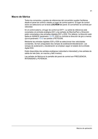 Macros de aplicación
91
Macro de fábrica
Todos los comandos y ajustes de referencias del convertidor pueden facilitarse
desde el panel de control o desde un lugar de control externo. El lugar de control
activo se selecciona con la tecla LOC/REM del panel. El convertidor se controla por
velocidad.
En el control externo, el lugar de control es EXT1. La señal de referencia está
conectada a la entrada analógica EA1 y las señales de Marcha/Paro y Dirección
están conectadas a las entradas digitales ED1 y ED2. Por defecto, la dirección está
fijada en AVANCE (parámetro 10.03). ED2 no controla la dirección de giro a menos
que el parámetro 10.03 se cambie a PETICION.
Mediante las entradas digitales ED5 y ED6 se seleccionan tres velocidades
constantes. Se han preajustado dos rampas de aceleración/deceleración. Las
rampas de aceleración y deceleración se emplean según el estado de la entrada
digital ED4.
Están disponibles dos señales analógicas (velocidad e intensidad) y tres señales de
salida de relé (listo, en marcha y fallo inverso).
Las señales de fábrica en la pantalla del panel de control son FRECUENCIA,
INTENSIDAD y POTENCIA.
 
