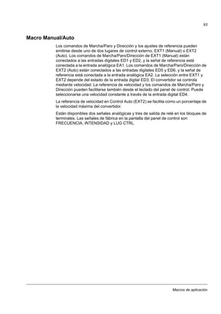 Macros de aplicación
93
Macro Manual/Auto
Los comandos de Marcha/Paro y Dirección y los ajustes de referencia pueden
emitirse desde uno de dos lugares de control externo, EXT1 (Manual) o EXT2
(Auto). Los comandos de Marcha/Paro/Dirección de EXT1 (Manual) están
conectados a las entradas digitales ED1 y ED2, y la señal de referencia está
conectada a la entrada analógica EA1. Los comandos de Marcha/Paro/Dirección de
EXT2 (Auto) están conectados a las entradas digitales ED5 y ED6, y la señal de
referencia está conectada a la entrada analógica EA2. La selección entre EXT1 y
EXT2 depende del estado de la entrada digital ED3. El convertidor se controla
mediante velocidad. La referencia de velocidad y los comandos de Marcha/Paro y
Dirección pueden facilitarse también desde el teclado del panel de control. Puede
seleccionarse una velocidad constante a través de la entrada digital ED4.
La referencia de velocidad en Control Auto (EXT2) se facilita como un porcentaje de
la velocidad máxima del convertidor.
Están disponibles dos señales analógicas y tres de salida de relé en los bloques de
terminales. Las señales de fábrica en la pantalla del panel de control son
FRECUENCIA, INTENSIDAD y LUG CTRL.
 