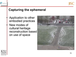 Capturing the ephemeral Application to other embodied practices New modes of cultural heritage reconstruction based on use of space  
