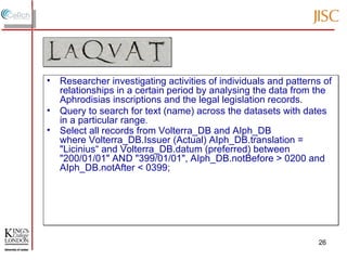 Researcher investigating activities of individuals and patterns of relationships in a certain period by analysing the data from the Aphrodisias inscriptions and the legal legislation records .   Query to search for text (name) across the datasets with dates in a particular range . Select all records from Volterra_DB and AIph_DB  where Volterra_DB.Issuer (Actual) AIph_DB.translation = "Licinius“ and Volterra_DB.datum (preferred) between "200/01/01" AND "399/01/01", AIph_DB.notBefore > 0200 and AIph_DB.notAfter < 0399;  