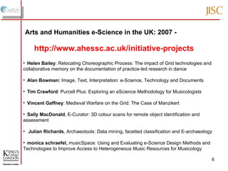 Arts and Humanities e-Science in the UK: 2007 -  Helen Bailey : Relocating Choreographic Process: The impact of Grid technologies and collaborative memory on the documentation of practice-led research in dance  Alan Bowman:  Image, Text, Interpretation: e-Science, Technology and Documents  Tim Crawford : Purcell Plus: Exploring an eScience Methodology for Musicologists  Vincent Gaffney : Medieval Warfare on the Grid: The Case of Manzikert   Sally MacDonald , E-Curator: 3D colour scans for remote object identification and assessment  Julian Richards , Archaeotools: Data mining, facetted classification and E-archaeology   monica schraefel,  musicSpace: Using and Evaluating e-Science Design Methods and Technologies to Improve Access to Heterogeneous Music Resources for Musicology http://www.ahessc.ac.uk/initiative-projects 