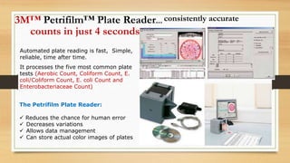 consistently accurate
Automated plate reading is fast, Simple,
reliable, time after time.
It processes the five most common plate
tests (Aerobic Count, Coliform Count, E.
coli/Coliform Count, E. coli Count and
Enterobacteriaceae Count)
3M™ Petrifilm™ Plate Reader...
The Petrifilm Plate Reader:
 Reduces the chance for human error
 Decreases variations
 Allows data management
 Can store actual color images of plates
counts in just 4 seconds
 