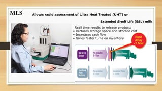 Allows rapid assessment of Ultra Heat Treated (UHT) or
Extended Shelf Life (ESL) milk
• Reduces storage space and storage cost
• Increases cash flow
• Gives faster turns on inventory
MLS
Real time results to release product:
 