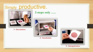 Simply productive.
1 - Inoculation
2 - Incubation
3 - Interprétation
3 steps only …..
 