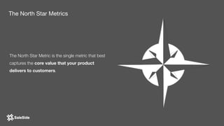 The North Star Metrics
The North Star Metric is the single metric that best
captures the core value that your product
delivers to customers.
 