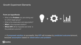 Form an hypothesis
• What is the Problem you are solving and
for which target group?
• What is the observation and assumption?
• What is the proposed solution?
• Which KPI will be impacted and what is
the predicted outcome?
Growth Experiment Elements
+ =
+ ++
→ If proposed solution is successful, this KPI will increase by predicted outcome/amount,
because assumption based on observation and problem
 