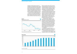 16
fuente de crecimiento desde 2007. Este cambio
era imprescindible para la consolidación de la re-
cuperación económica. El consumo de las familias
y la inversión empresarial crecieron a una tasa
cercana al 2% en 2014, compensando la aporta-
ción negativa a la evolución del PIB realizada por
el gasto público y las exportaciones netas.
En la segunda mitad de 2014, la inversión
residencial de las familias experimentó la primera
cifra positiva de crecimiento desde 2007. Los pre-
cios de la vivienda libre han dejado de disminuir.
También se ha observado un ligero repunte de los
visados de obra nueva en vivienda. La caída del
mercado inmobiliario ha tocado fondo, con una
reducción acumulada del 36% del precio de la
vivienda desde 2007. En cualquier caso, la recu-
peración del mercado es aún muy modesta
y mantendrá este tono durante años.
La demanda exterior, a diferencia de lo su-
cedido en años anteriores, registró una aporta-
ción negativa al crecimiento del PIB en 2014. El
aumento de las exportaciones (aproximadamente
6% anual), en parte por la depreciación del euro,
no compensó el aumento de las importaciones
(casi el 9% anual), motivado por el mejor compor-
tamiento del consumo de las familias. Esta gran
sensibilidad de las importaciones a pequeños
aumentos de la renta disponible de las familias
pone de manifiesto que la productividad de la
economía española dista de situarse en los
niveles deseables.
A lo largo de 2014, las afiliaciones a la
Seguridad Social aumentaron un 1,9%. Junto a la
reducción de la población activa, permitieron una
disminución de la tasa de paro hasta el 24%.
La tasa interanual del índice de precios al con-
sumo (IPC) se mantuvo en cifras negativas a partir
del segundo trimestre de 2014, situándose a final
mantenga su necesaria pauta de reducción. La
recuperación de competitividad mediante el ajuste
de salarios y precios (devaluación interna) implica
que las familias aumentan su renta disponible de
forma muy lenta. Finalmente, el crecimiento de la
economía española depende de la economía de la
zona euro. Las autoridades europeas deben hacer
compatible la expansión monetaria no convencio-
nal con el compromiso de los gobiernos en las re-
formas estructurales y la disciplina fiscal pactada.
En 2014, la economía española registró un
crecimiento del 1,4%, siendo el primer ejercicio en
que la economía creció por encima del 1% desde
2008. La demanda interna retomó su papel im-
pulsor, sustituyendo al sector exterior como única
Inflación
Tasa de variación anual (%)
Fuente: Instituto Nacional de Estadística (INE)
0
1
2
3
4
-1
2012 2013 20142011
5
11
10
Deuda externa
Fuente: Banco de España
0
200
400
600
800
1.000
1.200
1.400
2002
1.600
1.800
2.000
2003 2004 20132005 2006 2007 2008 2009 20112010 2012
11
COYUNTURA ECONÓMICAy financiera
mM €
 