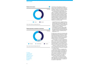 36
TEMAS DE DEBATE
el 59,53% de nuestra población se declara
activa. Es decir, el sostenimiento del sistema de
bienestar recae sobre poco más de la mitad de
la población. Además, el 23,67% de la población
activa está en situación de desempleo.12
Si analizamos este colectivo desde el factor
«edad», se constata un segundo elemento de
extrema vulnerabilidad. Una gran parte de la po-
blación en pleno rendimiento productivo pasará
masivamente a engrosar la población inactiva,
sin que los jóvenes en edad de trabajar puedan
compensar aquel flujo de salida de la actividad
laboral por jubilación. La población activa sufre
un proceso de envejecimiento superior al de la
población en su conjunto, circunstancia que va
a provocar en los próximos años:
•	La necesidad de recurrir a población activa in-
migrante, en gran parte cualificada, para cubrir
las necesidades del mercado de trabajo a me-
dida que se recupere y/o cambie la estructura
productiva, con la correlativa necesidad de
cambios normativos y culturales.
•	La necesidad de un cambio radical en la ges-
tión por edades dentro de las organizaciones,
por lo que las empresas deberán gestionar su
demografía interna en clave social, impulsando
cambios en la carrera y el desarrollo de sus
profesionales.34
El análisis de las causas de la inactividad revela
los desequilibrios que se generan por la pérdida
de efectivos productivos. Por ejemplo, el impor-
tante volumen de prejubilaciones (15% sobre el
total de jubilados) y de pensionistas en edad de
trabajar (22% sobre el total de perceptores de
pensiones distintas a las de jubilación).
Por otra parte, el 31,7% de la inactividad se
debe a la realización de tareas del hogar propio,
que en un 70,7% se concentra en población pro-
ductiva adulta y madura, con presencia masiva
de población femenina. Estos datos definen la
cultura del trabajo en nuestra sociedad, concebi-
da más como un derecho que como un deber.5
Asimismo, el número de personas en situa-
ción de incapacidad temporal y permanente reve-
la la escasa cultura de la prevención (en general
y en el ámbito laboral).
Finalmente, el derecho a la igualdad entre
hombres y mujeres avanza muy lentamente, por
el mantenimiento arraigado de estereotipos, la
falta de corresponsabilidad (responsabilidad al
mismo nivel) en el cuidado de los familiares y
por las políticas empresariales en materia de
igualdad y no discriminación, que siguen un
patrón estático, obsoleto y poco efectivo.
Con este punto de partida, las cifras de
desempleo ofrecen una trascendencia todavía
mayor, agravadas por las barreras al trabajo que
son la edad del desempleado y la situación de
los parados de larga duración.
Población activa/inactiva
Fuente: Instituto Nacional de Estadística (INE), 2014
Población generadora/consumidora de prestaciones
Fuente: Instituto Nacional de Estadística (INE), 2014
Activos Inactivos
Ocupados InactivosDesempleados
1
2
La crisis
económica ha
aflorado una
gran parte de las
insuficiencias
del mercado
de trabajo en
España
Porcentaje
Porcentaje
 