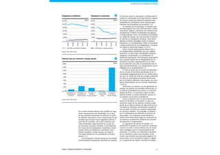 41Esade Informe económico y financiero
Trabajadores indefinidos
Fuente: INE y EPA, 2014
Trabajadores temporales
1.000
3.000
5.000
0
2.000
4.000
6.000
8.000
10.000
12.000
2006
Contratos a tiempo completo Contratos a tiempo parcial
2008
2010
2012
2014
0
2.000
4.000
6.000
2006
2008
2010
2012
2014
13
Razones para los contratos a tiempo parcial
Fuente: INE y EPA, 2014
0
200
400
600
800
1.000
1.400
Conciliación con
actividades de
formación
1.600
1.800
Conciliación con
actividades de
cuidado familiar
No querer un
trabajo a
tiempo completo
No encontrar
un trabajo a
tiempo completo
Enfermedad
o incapacidad
propia
14
el discurso sobre su necesidad o utilidad para fa-
vorecer la conciliación de la vida familiar y laboral,
así como el relato que pretende presentar esta
modalidad de contratación como decisiva para
favorecer las actividades de formación.14
En relación con la formación, el elevado nivel
de subocupación de 2.251.200 personas, mayori-
tariamente mujeres, constituye otro elemento pre-
ocupante por el efecto multiplicador que genera.
La subocupación marca una tendencia cronificada
a lo largo del tiempo, con una evolución al alza en
el caso de la contratación temporal. Este hecho
agudiza su efecto patológico sobre el sistema
productivo y la competitividad, sobre la motivación
y salud psicosocial de los trabajadores y, en gene-
ral, sobre la cultura del trabajo.1516
Dicho nivel de subocupación afecta más a
los profesionales cualificados que son, paradó-
jicamente, los que mayor sensibilidad muestran
respecto a la formación y su contribución al
desarrollo profesional. Otro elemento preocupante
es el escaso interés de los trabajadores por su
formación continua, especialmente en el caso
de los colectivos que más la necesitarían por su
bajo nivel de formación y, en consecuencia, por la
fragilidad de su empleabilidad.17
Si bien es cierto que el número de participan-
tes en cursos de formación bonificada se ha in-
crementado progresivamente en los últimos años,
tan solo un 18,8% del total de ocupados participó
en 2013 en actividades formativas promovidas
por la Fundación Tripartita. Esto supone una mani-
fiesta infrautilización de los recursos disponibles.
1819
Finalmente, en relación con las ganancias sa-
lariales, se observa una sensible disminución en
el período inmediatamente anterior a la reforma
laboral de 2012. La evolución a partir de este
período todavía no puede analizarse, porque no
se dispone de las series estadísticas.
Llama la atención que, en pleno proceso de
ajuste de plantillas, no se llevara a cabo una
reducción mayor de los salarios. Durante la ges-
tación de la reforma laboral, se argumentó que la
normativa no arbitraba mecanismos a través de
los que dejar de aplicar los salarios estipulados
en convenio colectivo. Sin embargo, el Estatuto
de los Trabajadores ya arbitraba un sistema de
descuelgue. Las empresas acostumbraban a
utilizar, como instrumento legal de contención de
los salarios, la aplicación unilateral del principio
de absorción y compensación.
La regulación del tiempo de trabajo o la
retribución, acordada en los convenios colectivos,
merece una crítica. Estos ámbitos son de dimen-
sión estratégica para la competitividad de las
empresas. La calidad y la capacidad innovadora
de los convenios, salvo muy puntuales excep-
ciones, han recibido una valoración negativa. En
buena parte, esa circunstancia explica la rigidez
en la regulación de nuestro mercado de trabajo.
de la última reforma laboral, que modificó su regu-
lación introduciendo más flexibilidad. En el caso
de los contratos temporales se observa un punto
de inflexión importante, como consecuencia de las
ventajas que el nuevo marco regulatorio ofrece a
este tipo de contratos. Así, estos muestran una
mayor volatilidad, especialmente en el caso de
los suscritos a jornada completa. Contrariamente,
en el caso de los trabajadores indefinidos, donde
todavía existe una diferencia cuantitativa entre
tiempo completo y tiempo parcial, se observa
una mayor tendencia a la contratación a tiempo
parcial.13
La contratación a tiempo parcial es una opción
eminentemente empresarial, poniendo en cuestión
EL MERCADO DE TRABAJO EN ESPAÑA
Miles Miles
Miles
 