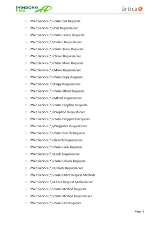 ◦ Web Service(*)Total Put Requests 
◦ Web Service(*)Put Requests/sec 
◦ Web Service(*)Total Delete Requests 
◦ Web Service(*)Delete Requests/sec 
◦ Web Service(*)Total Trace Requests 
◦ Web Service(*)Trace Requests/sec 
◦ Web Service(*)Total Move Requests 
◦ Web Service(*)Move Requests/sec 
◦ Web Service(*)Total Copy Requests 
◦ Web Service(*)Copy Requests/sec 
◦ Web Service(*)Total Mkcol Requests 
◦ Web Service(*)Mkcol Requests/sec 
◦ Web Service(*)Total Propfind Requests 
◦ Web Service(*)Propfind Requests/sec 
◦ Web Service(*)Total Proppatch Requests 
◦ Web Service(*)Proppatch Requests/sec 
◦ Web Service(*)Total Search Requests 
◦ Web Service(*)Search Requests/sec 
◦ Web Service(*)Total Lock Requests 
◦ Web Service(*)Lock Requests/sec 
◦ Web Service(*)Total Unlock Requests 
◦ Web Service(*)Unlock Requests/sec
◦ Web Service(*)Total Other Request Methods 
◦ Web Service(*)Other Request Methods/sec 
◦ Web Service(*)Total Method Requests 
◦ Web Service(*)Total Method Requests/sec 
◦ Web Service(*)Total CGI Requests 
Page 9
 