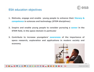 Slide 3
ESA education objectives
1. Motivate, engage and enable young people to enhance their literacy &
competence in sciences and technology (STEM disciplines)
2. Inspire and enable young people to consider pursuing a career in the
STEM field, in the space domain in particular
3. Contribute to increase youngsters’ awareness of the importance of
space research, exploration and applications in modern society and
economy
 