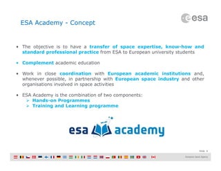 Slide 6
ESA Academy - Concept
• The objective is to have a transfer of space expertise, know-how and
standard professional practice from ESA to European university students
• Complement academic education
• Work in close coordination with European academic institutions and,
whenever possible, in partnership with European space industry and other
organisations involved in space activities
• ESA Academy is the combination of two components:
 Hands-on Programmes
 Training and Learning programme
 