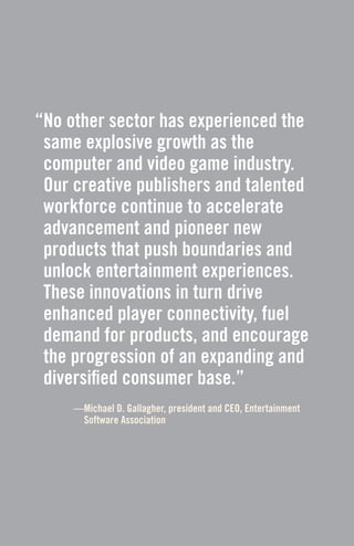 [ iv ]
“No other sector has experienced the
same explosive growth as the
computer and video game industry.
Our creative publishers and talented
workforce continue to accelerate
advancement and pioneer new
products that push boundaries and
unlock entertainment experiences.
These innovations in turn drive
enhanced player connectivity, fuel
demand for products, and encourage
the progression of an expanding and
diversified consumer base.”
—Michael D. Gallagher, president and CEO, Entertainment
Software Association
 