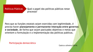 Políticas Públicas Qual o papel das políticas públicas nesse
processo?
Para que as funções estatais sejam exercidas com legitimidade, é
preciso haver planejamento e permanente interação entre governos
e sociedade, de forma que sejam pactuados objetivos e metas que
orientem a formulação e a implementação das políticas publicas.
Castro e oliveira (2014)
Participação democrática
 