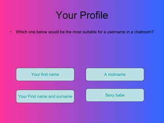 Your Profile Which one below would be the most suitable for a username in a chatroom? Your first name Your First name and surname A nickname Sexy babe 