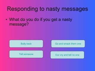 Responding to nasty messages What do you do if you get a nasty  message? Tell someone Our cry and tell no one Go and smack them one Bully back 