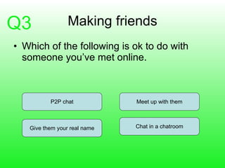 Making friends Which of the following is ok to do with someone you’ve met online. P2P chat Give them your real name Meet up with them Chat in a chatroom Q3  