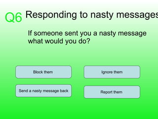 Responding to nasty messages If someone sent you a nasty message what would you do? Block them  Send a nasty message back Report them  Ignore them Q6 