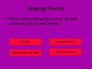 Making friends Which of the following is ok to do with someone you’ve met online. P2P chat Give them your real name Meet up with them Chat in a chatroom 