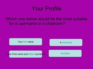 Your Profile Which one below would be the most suitable for a username in a chatroom? Your  first  name Your First name and  Slide 3 surname A  nickname Sxcbabe 