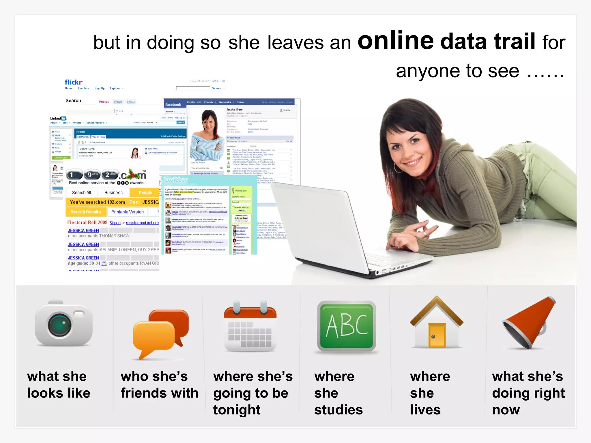 but in doing so   she   leaves an  online   data trail  for anyone to see   …… what she looks like who she’s friends with where she’s going to be tonight where she studies where she lives what she’s doing right now 
