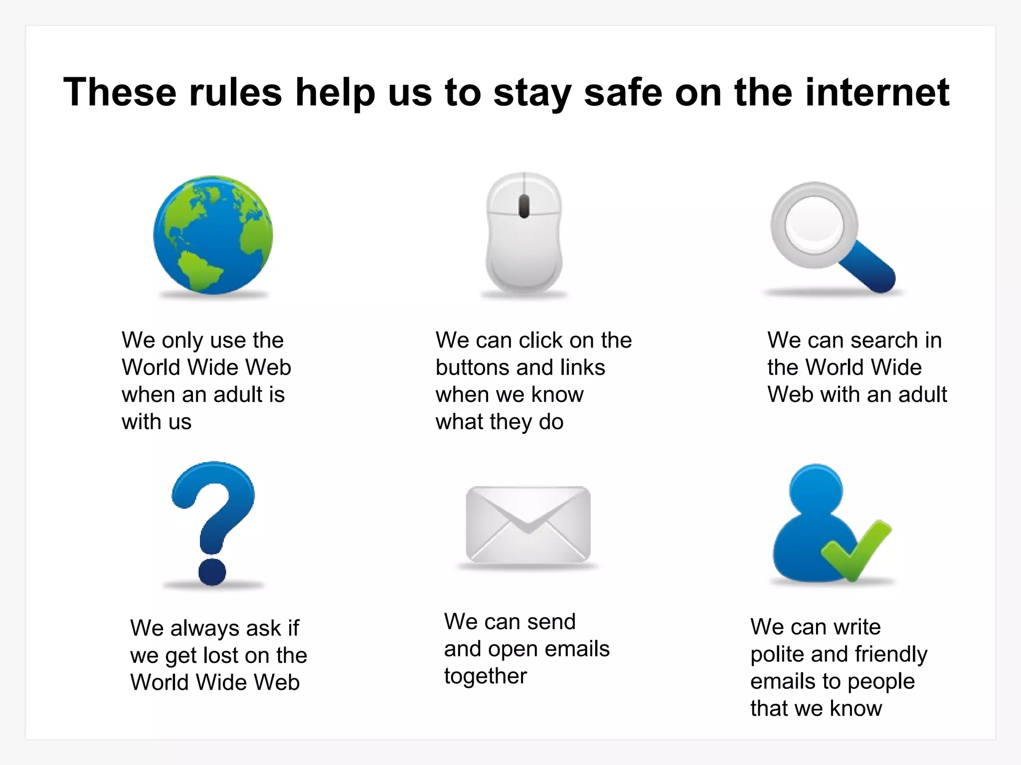 We only use the World Wide Web when an adult is with us We can click on the buttons and links when we know what they do We can search in the World Wide Web with an adult We always ask if we get lost on the World Wide Web We can send and open emails together We can write polite and friendly emails to people that we know These rules help us to stay safe on the internet 
