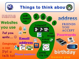 Things to think about…
Email
address
Passwords
me@
mymail.
com
2 / 6 / 0
1
07779
778 779
1ntern3T
Joe
Bloggs
Websites
you use
Friends
you
accept
Txt you
write… 
Language
u use
4
Privet
Drive
Games you
Ppl u
talk to!Phone numbers
 