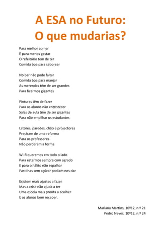 A ESA no Futuro:
O que mudarias?
Para melhor comer
E para menos gastar
O refeitório tem de ter
Comida boa para saborear
No bar não pode faltar
Comida boa para manjar
As merendas têm de ser grandes
Para ficarmos gigantes
Pinturas têm de fazer
Para os alunos não entristecer
Salas de aula têm de ser gigantes
Para não empilhar os estudantes
Estores, paredes, chão e projectores
Precisam de uma reforma
Para os professores
Não perderem a forma
Wi-fi queremos em todo o lado
Para estarmos sempre com agrado
E para o hálito não espalhar
Pastilhas sem açúcar podiam nos dar
Existem mais ajustes a fazer
Mas a crise não ajuda a ter
Uma escola mais pronta a acolher
E os alunos bem receber.
Mariana Martins, 10º12, n.º 21
Pedro Neves, 10º12, n.º 24
 