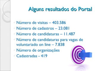 Alguns resultados do Portal Número de visitas – 403.586 Número de cadastros – 23.081 Número de candidaturas – 11.487 Número de candidaturas para vagas de voluntariado on line – 7.838 Número de organizações  Cadastradas - 419 