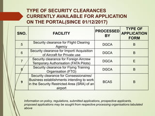 TYPE OF SECURITY CLEARANCES
CURRENTLY AVAILABLE FOR APPLICATION
ON THE PORTAL(SINCE 01/12/2017)
SNO. FACILITY
PROCESSED
BY
TYPE OF
APPLICATION
FORM
5
Security clearance for Flight Clearing
Agency
DGCA B
6
Security clearance for Import/ Acquisition
of Aircraft for Private use
DGCA B
7
Security clearance for Foreign Aircrew
Temporary Authorisation (FATA Pilots)
DGCA E
8
Security clearance for Flying Training
Organisation (FTO)
DGCA B
9
Security clearance for Consessionaires/
Business establishments intending to work
in the Security Restricted Area (SRA) of an
airport
BCAS B
Information on policy, regulations, submitted applications, prospective applicants,
proposed applications may be sought from respective processing organisations tabulated
above
 