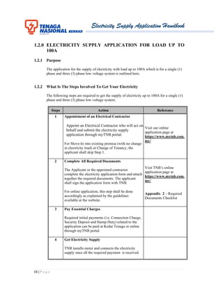 Electricity Supply Application Handbook
11 | P a g e
1.2.0 ELECTRICITY SUPPLY APPLICATION FOR LOAD UP TO
100A
1.2.1 Purpose
The application for the supply of electricity with load up to 100A which is for a single (1)
phase and three (3) phase low voltage system is outlined here.
1.2.2 What Is The Steps Involved To Get Your Electricity
The following steps are required to get the supply of electricity up to 100A for a single (1)
phase and three (3) phase low voltage system.
Steps Action Reference
1 Appointment of an Electrical Contractor
Appoint an Electrical Contractor who will act on
behalf and submit the electricity supply
application through myTNB portal.
For Move-In into existing premise (with no change
in electricity load) or Change of Tenancy, the
applicant shall skip Step 1.
Visit our online
application page at
https://www.mytnb.com.
my/
2 Complete All Required Documents
The Applicant or the appointed contractor
complete the electricity application form and attach
together the required documents. The applicant
shall sign the application form with TNB.
For online application, this step shall be done
accordingly as explained by the guidelines
available at the website.
Visit TNB’s online
application page at
https://www.mytnb.com.
my/
Appendix 2 – Required
Documents Checklist
3 Pay Essential Charges
Required initial payments (i.e. Connection Charge,
Security Deposit and Stamp Duty) related to the
application can be paid at Kedai Tenaga or online
through myTNB portal.
4 Get Electricity Supply
TNB installs meter and connects the electricity
supply once all the required payment is received.
 