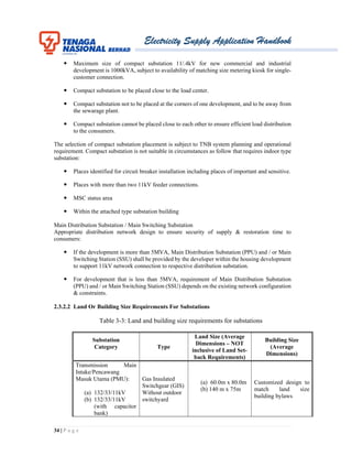 Electricity Supply Application Handbook
34 | P a g e
 Maximum size of compact substation 11/.4kV for new commercial and industrial
development is 1000kVA, subject to availability of matching size metering kiosk for single-
customer connection.
 Compact substation to be placed close to the load center.
 Compact substation not to be placed at the corners of one development, and to be away from
the sewarage plant.
 Compact substation cannot be placed close to each other to ensure efficient load distribution
to the consumers.
The selection of compact substation placement is subject to TNB system planning and operational
requirement. Compact substation is not suitable in circumstances as follow that requires indoor type
substation:
 Places identified for circuit breaker installation including places of important and sensitive.
 Places with more than two 11kV feeder connections.
 MSC status area
 Within the attached type substation building
Main Distribution Substation / Main Switching Substation
Appropriate distribution network design to ensure security of supply & restoration time to
consumers:
 If the development is more than 5MVA, Main Distribution Substation (PPU) and / or Main
Switching Station (SSU) shall be provided by the developer within the housing development
to support 11kV network connection to respective distribution substation.
 For development that is less than 5MVA, requirement of Main Distribution Substation
(PPU) and / or Main Switching Station (SSU) depends on the existing network configuration
& constraints.
2.3.2.2 Land Or Building Size Requirements For Substations
Table 3-3: Land and building size requirements for substations
Substation
Category Type
Land Size (Average
Dimensions – NOT
inclusive of Land Set-
back Requirements)
Building Size
(Average
Dimensions)
Transmission Main
Intake/Pencawang
Masuk Utama (PMU):
(a) 132/33/11kV
(b) 132/33/11kV
(with capacitor
bank)
Gas Insulated
Switchgear (GIS)
Without outdoor
switchyard
(a) 60.0m x 80.0m
(b) 140 m x 75m
Customized design to
match land size
building bylaws
 