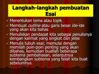 Langkah-langkah pembuatan
Esai
Menentukan tema atau topik
 Membuat outline atau garis besar ide-ide
yang akan kita bahas
 Menuliskan pendapat kita sebagai penulisnya
dengan kalimat yang singkat dan jelas
 Menulis tubuh esai; memulai dengan
memilah poin-poin penting yang akan
dibahas, kemudian buatlah beberapa
subtema pembahasan, selanjutnya
kembangkan subtema yang telah kita buat
sebelumnya.


 