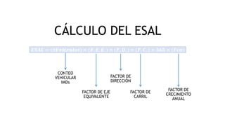 CÁLCULO DEL ESAL
𝑺𝑨𝑳 (#𝑽𝒆𝒉í𝒄𝒖𝒍𝒐𝒔) × ( ) × ( 𝑫 ) × ( 𝑪 ) × 𝟑𝟔𝟓 × ( 𝒄𝒂)
CONTEO
VEHICULAR
IMDs
FACTOR DE EJE
EQUIVALENTE
FACTOR DE
DIRECCIÓN
FACTOR DE
CARRIL
FACTOR DE
CRECIMIENTO
ANUAL
 