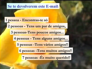 Se te devolverem este E-mail:
1 pessoa - Encontras-te só
2 pessoas - Tens um par de amigos,
3 pessoas-Tens poucos amigos...
4 pessoas - Tens alguns amigos...
5 pessoas -Tens vários amigos!!
6 pessoas -Tens muitos amigos!!
7 pessoas -És muito querido!!

 