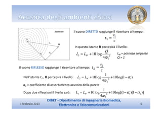 Il suono DIRETTO raggiunge il ricevitore al tempo:



                                               In questo istante R percepirà il livello:
                                                                  Q
                                                L1 = LW + 10 log                LW = potenza sorgente
                                                                 4πr1
                                                                      2
                                                                                Q=1

Il suono RIFLESSO raggiunge il ricevitore al tempo:

                                                                      1
   Nell’istante t2 , R percepirà il livello:     L2 = LW + 10 log          + 10 log(1 − α1 )
                                                                    4πr2
                                                                         2

  α1 = coefficiente di assorbimento acustico della parete
                                                                   1
   Dopo due riflessioni il livello sarà:        L3 = LW + 10 log        + 10 log[(1 − α1 )(1 − α 2 )]
                                                                 4πr3
                                                                      2



1 febbraio 2013                                                                                   5
 