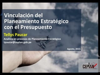 Vinculación del
Planeamiento Estratégico
con el Presupuesto
Tellys Paucar
Analista en procesos de Planeamiento Estratégico
tpaucar@ceplan.gob.pe
Agosto, 2015
 