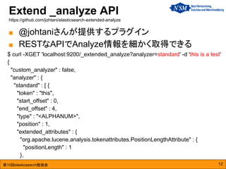 第10回elasticsearch勉強会
Extend _analyze API
https://github.com/johtani/elasticsearch-extended-analyze
12
■ @johtaniさんが提供するプラグイン
■ RESTなAPIでAnalyze情報を細かく取得できる
$ curl -XGET 'localhost:9200/_extended_analyze?analyzer=standard' -d 'this is a test'
{
"custom_analyzer" : false,
"analyzer" : {
"standard" : [ {
"token" : "this",
"start_offset" : 0,
"end_offset" : 4,
"type" : "<ALPHANUM>",
"position" : 1,
"extended_attributes" : {
"org.apache.lucene.analysis.tokenattributes.PositionLengthAttribute" : {
"positionLength" : 1
},
 