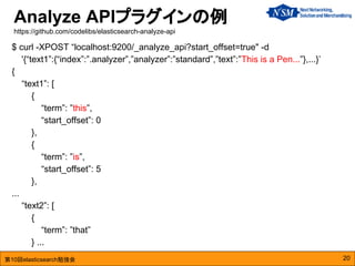 第10回elasticsearch勉強会
Analyze APIプラグインの例
https://github.com/codelibs/elasticsearch-analyze-api
20
$ curl -XPOST “localhost:9200/_analyze_api?start_offset=true" -d
'{“text1”:{“index”:”.analyzer”,”analyzer”:”standard”,”text”:”This is a Pen...”},...}’
{
“text1”: [
{
“term”: ”this”,
“start_offset”: 0
},
{
“term”: ”is”,
“start_offset”: 5
},
...
“text2”: [
{
“term”: ”that”
} ...
 