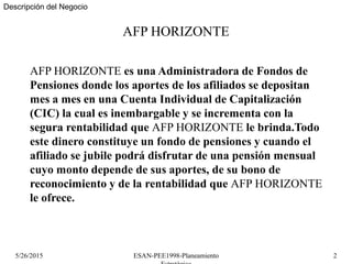 5/26/2015 ESAN-PEE1998-Planeamiento 2
AFP HORIZONTE
AFP HORIZONTE es una Administradora de Fondos de
Pensiones donde los a...