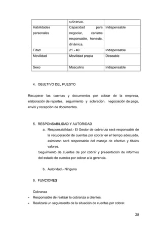 28
cobranza.
Habilidades
personales
Capacidad para
negociar, carisma
responsable, honesta,
dinámica.
Indispensable
Edad 21 - 40 Indispensable
Movilidad Movilidad propia Deseable
Sexo Masculino Indispensable
4. OBJETIVO DEL PUESTO
Recuperar las cuentas y documentos por cobrar de la empresa,
elaboración de reportes, seguimiento y aclaración, negociación de pago,
envió y recepción de documentos.
5. RESPONSABILIDAD Y AUTORIDAD
a. Responsabilidad.- El Gestor de cobranza será responsable de
la recuperación de cuentas por cobrar en el tiempo adecuado,
asimismo será responsable del manejo de efectivo y títulos
valores.
Seguimiento de cuentas de por cobrar y presentación de informes
del estado de cuentas por cobrar a la gerencia.
b. Autoridad.- Ninguna
6. FUNCIONES
Cobranza
- Responsable de realizar la cobranza a clientes.
- Realizará un seguimiento de la situación de cuentas por cobrar.
 