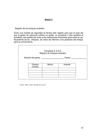 72
Anexo 3
Registro de los cheques recibidos
Como una medida de seguridad se llevara este registro para que el caso del
que el gestor de cobranza sufriera un asalto, un accidente o bien perdiera el
portafolio, sea posible dar aviso a las instituciones financieras para evitar el uso
fraudulento de los cheques, así como de informar a los giradores del cheque
para su conocimiento.
Compañía X, S.A.C
Registro de cheques recibidos
Nombre del gestor _____________________ Fecha: ______________
Cheque
número
Banco Importe
Fuente: Dpto ventas- Droguería Ccasor
 